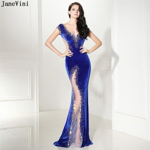JaneVini Sexy Mermaid Mother of The Bride Dresses Deep V Neck Beaded Backless Arabic Velvet Royal Blue Women Long Evening Gowns