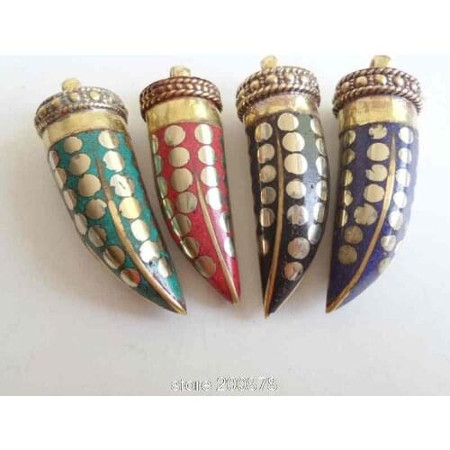 TBP645 Tibetan Brass Capped Stone Golden Fangs Amulet Pendants for Man Multi Colors