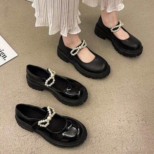 Women Oxford Shoes Bow Pearls Mary Janes Shoes Patent Leather Platform Shoes Square Heeled Thick Sole Lolita Shoes Black 9242N