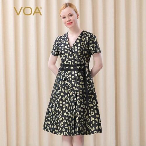 VOA Silk 32m/m Yarn-Dyed Jacquard Heavy guo yi-V-neck Short-Sleeve Lace Waist Hugging and Wrinkle Resistance Dress AE32