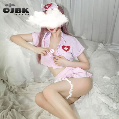 2020 New Sexy Nurse Cosplay Costumes Pink Transparent Back Mini Skirt Stethoscope Slut Butt Adorable Lingerie Erotic Dress Sale