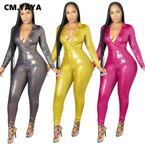 CM.YAYA Autumn Gilding Bodycon Deep V-neck Long Sleeve Jumpsuit Women Sexy Club Bodycon Night Party Rompers One Piece Overalls