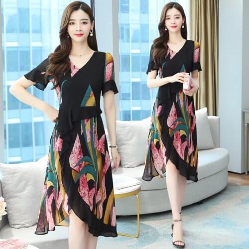 Women Midi Printed Chiffon Dress Summer 2021 Runway Elegant Boho Vintage Ruffle Korean Fairy Casual Vacation Party Night Dresses