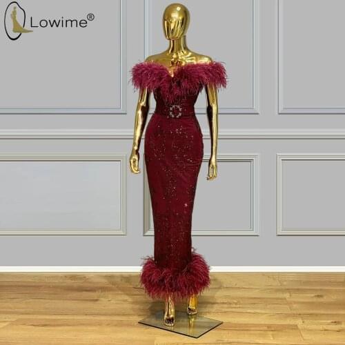 Abendkleider Off Shoulder Burgundy Mermaid Evening Dresses with Feather Ankle Length Robes Prom Party Gowns Vestido De Festa