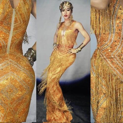 Fashion Gold Rhinestone Tassel Party Dress Women Sexy Sleeveless Evening Fringes Dress Nightclub Bodycon Long Dress Stage Outfit