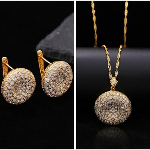2021 New Necklaces Wedding Jewelry Set for Women White Round Zircon Trendy Engagement Gold Color Earrings Party Birthday Gifts