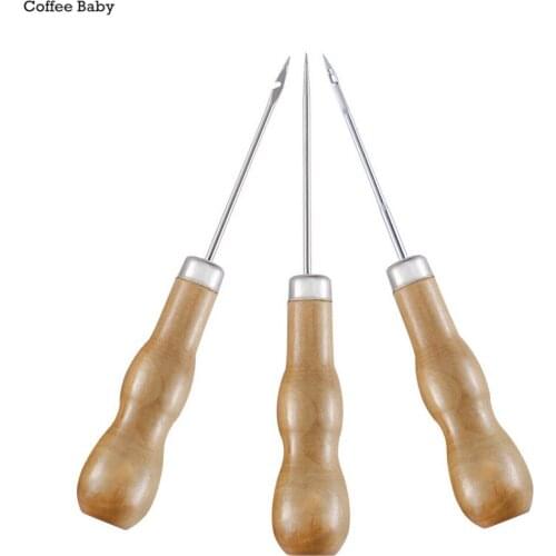 3Pcs /Set DIY Wooden Handle Sewing Awl Carft Stitch Needle Cone Die Canvas Shoes Repair Punch Leather Craft Straight Elbow Tools