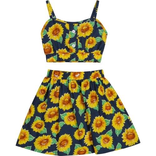 Baby Camisole+ Skirt Sunflower Print Elastic Waist Navel Design A-line Version Summer Clothing