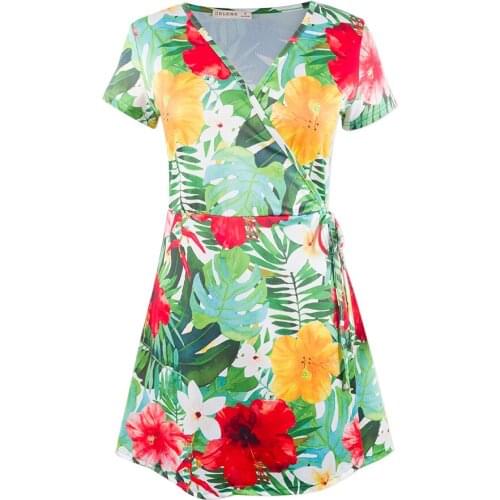 Neatie kiddie Summer Floral Print Sexy V-neck Casual Nightgowns Short Sleeve Sleepwear Tie Women Home Clothes Night Dress