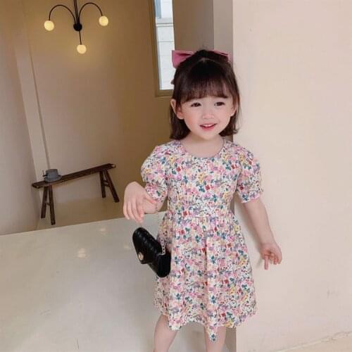 Hollow Out A-Line Dress for Kids 2021 Fashion Summer Clothing Short Sleeve Printed Dress Knee-Length Casual Girls Dresses