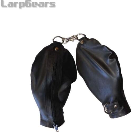 Fetish black latex hand bondage gloves w/o finger tight clasp ring with zipper