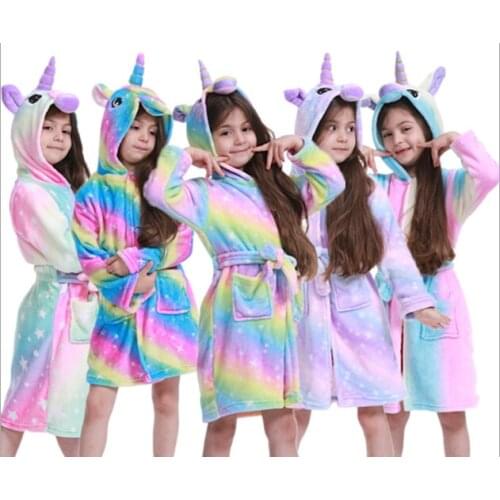 Toddler Kid Boys Girls Flannel Hooded Bathrobes Kids Rainbow Bath Robe Nightgown Pajamas Sleepwear Children Home Clothes