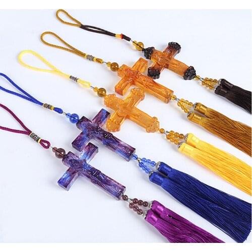 Glazed Household Pendant Car Ornament Crystal Jesus Christ Cross Christianity Auto Interior Rearview Mirror Decoration Accessory