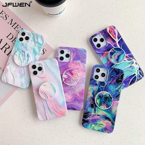 Stand Holder Glossy Laser Phone Case For iphone 12 Mini 11 Pro XS Max XR X 8 7 Plus SE 2020 Case Cover Marble Silicone Soft Back