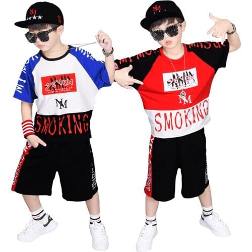 Big Boys Summer Set Letters Print Color Patchwork Loose Fit T-shirts+Shorts 2PCS Clothing Sets Fashion Kids Street Dancer Sets