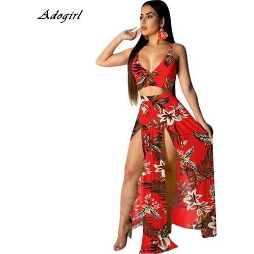 Boho Floral Print Summer Beach Two Piece Set Sexy V Neck Spaghetti Strap Vest Crop Top + High Slit Long Skirts Outfit Plus Size