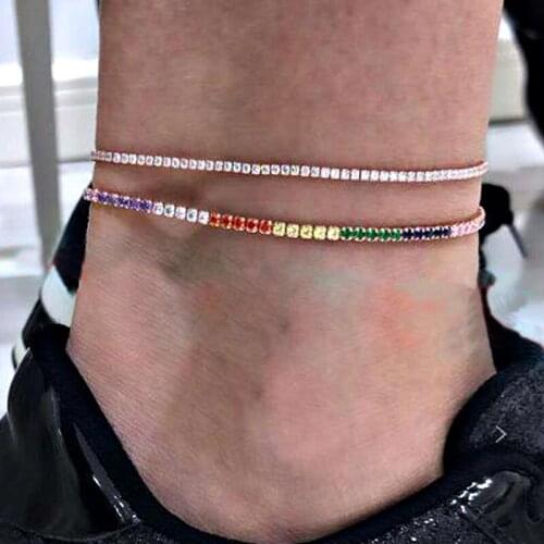 2 Pcs/Set Classic Simple Inlay Crystal Gem Square Chain Geometric Gold Anklet Set Women Fashion Clothing Jewelry Gift