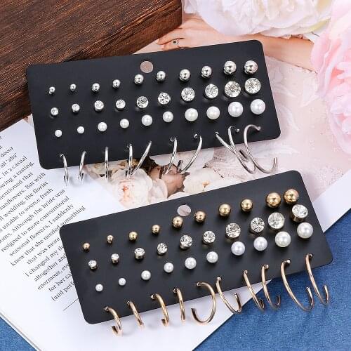 20 Pairs New Mini Mixed Small Earrings Set Pearl zircon Rhinestone Geometric Ear Stud Hoop Ring For Women Girls Jewelry