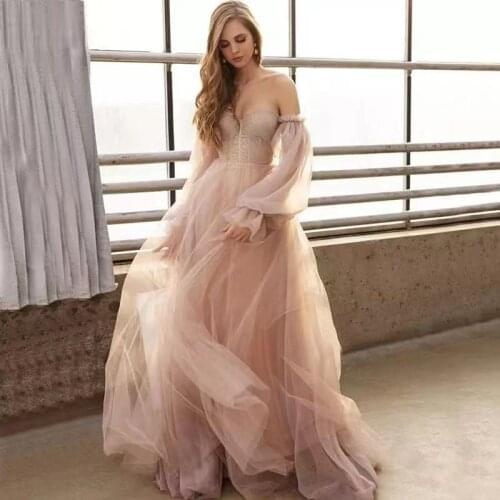 Latest Arrival 2021 Blush Lace Bridal Wedding Dresses Off Shoulder Sleeves Sweetheart Pleating Wedding Gowns for Bride On Sale