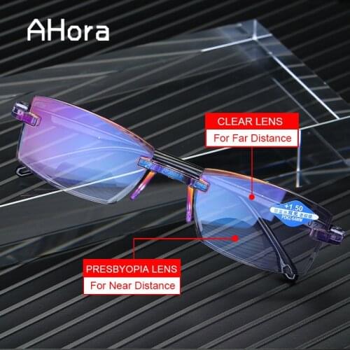 Ahora Rimless Bifocal Reading Glasses Men Women Diamond Cutting Presbyopia Eyeglasses Far&Near Distance Anti Blue Light Eyewear