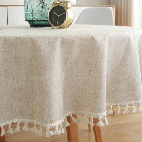 100/120/150cm Solid Color White Tassel Round Tablecloth Plain Cotton Linen Tea Table Cover