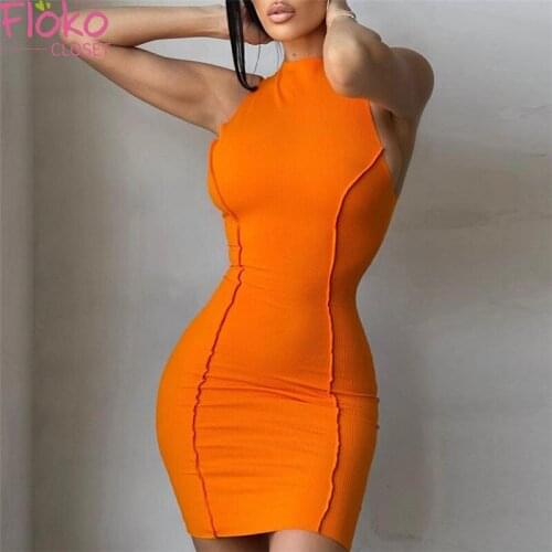 Flokocloset O-Neck Sleeveless Solid Color Slim Bodycon Dress Summer Sexy Sheath Party Dresses