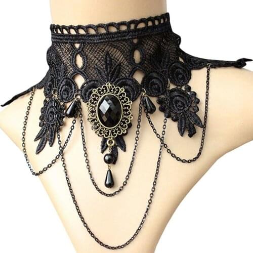 Halloween Sexy Gothic Chokers Crystal Black Lace Neck Collares Choker Necklace Vintage Victorian Steampunk Jewelry