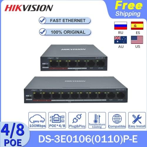 Hikvision Switch POE 100Mbps DS-3E0106P-E(4POE+2CH) DS-3E0110SP-E (8POE+2CH) Fast Ethernet Unmanaged DC51V Power Adapter Extend