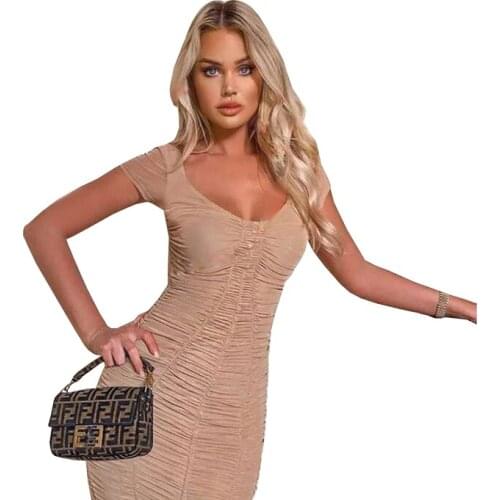 Summer Sexy Ladies Solid Color Dress Short Sleeve Square Neck Pleated Tight Mini Skirt Office Sexy Elastic Commute Party Dress