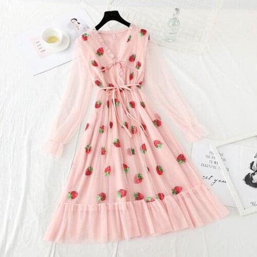 Sexy V-neck Pink Dress Women Elegant Long Sleeve Strawberry Sequin Sweet Mesh Dress 2021 Summer Ruffles Midi Vestidos