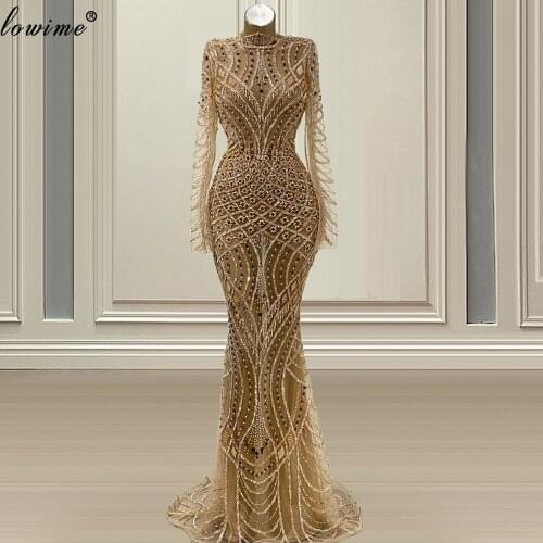 Plus Size Long Sleeves Evening Dresses Mermaid Formal Crystals Celebrity Dresses Evening Wear Vestidos Formales Muslim Robes