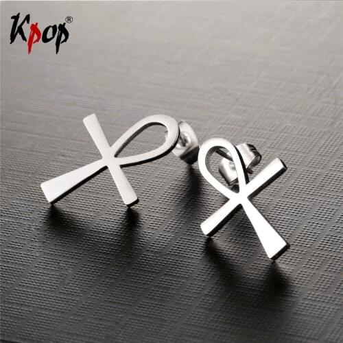Kpop Religious ANKH Cross Charm Earring Gold Color Egyptian Peace Faith Key Of Life Pend Stainless Steel Stud Earring E2125