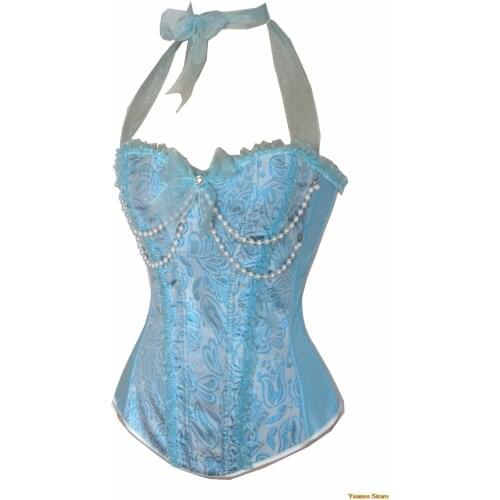 Sexy Corset Pink Blue SteampunkCorseletWomen Corsets and Bustiers Body Lace Up SexyLingerieBeadedHalterOverbust Bus пояс обиtier