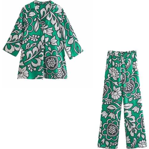 Xikom 2021 Summer Women Vintage Two-Piece Set green Print slim V-Neck Beach Long Sleeve Shirt Female High Waist Casual Pants Set