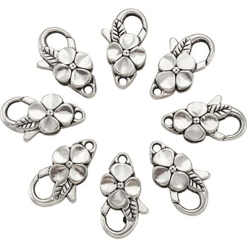 20pcs Antique Silver Alloy Flower Lobster Claw Clasps for jewelry making Key Chain DIY Accessories 25x14mm, Hole: 2mm F80