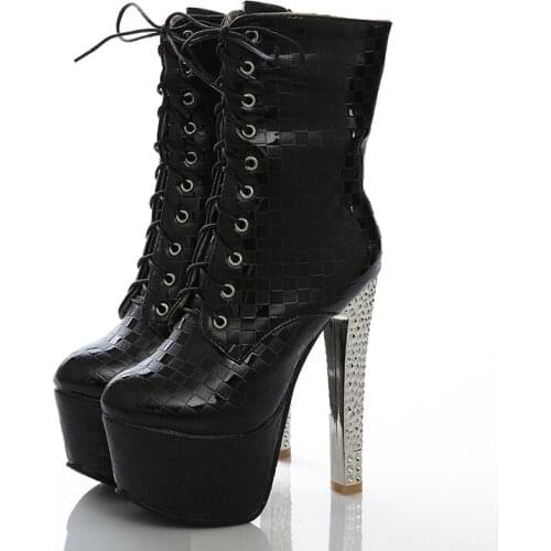 Super High Metal Heel Cross Lace-Up Womens Ankle Boots High Waterproof Platform Square Heel Pattern Zipper Rhinestone High Heel