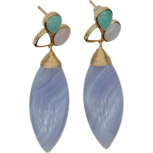 YYGEM gold filled Geometric Natural Marquise Blue Chalcedony White Shell Amazonite Green Peruvian stud Earrings for women