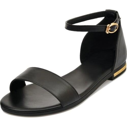 2020 Genuine Leather Women Sandals Hot Sale Fashion Summer Sweet Women Flats Heel Sandals Ladies Shoes Black White