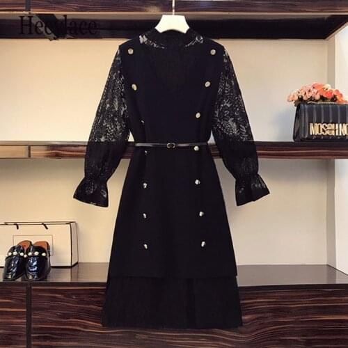 Plus size office ladies two piece dress set 2020 autumn lace mesh dress and knitting vest dresses set korean black elegant suits