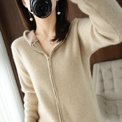 Womens sweater winter 100% wool cardigan zipper hood collar cashmere sweater casual solid color plus size ladies knitted tops