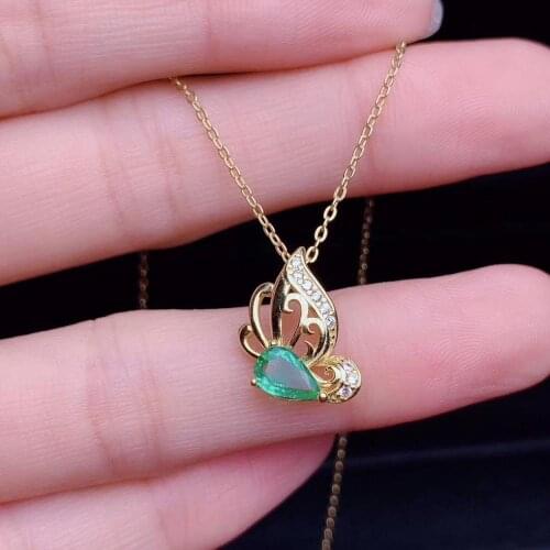 Fashion cute Butterfly fly Natural green Emerald gem Pendant necklace S925 silver Natural gemstone necklace women girl jewelery