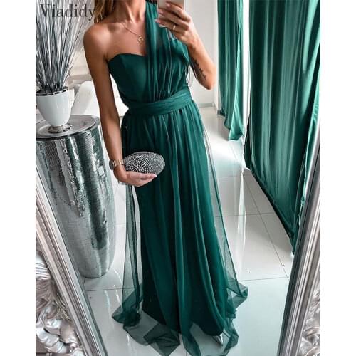 Women Elegant Mesh One Shoulder Evening Maxi Dress High Quality Solid Maxi Dress Sleeveless Sexy Mesh Party Dress