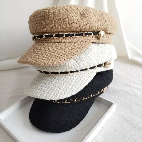 202010-shi autumn spring lattice Woven fabric ribbon chain leisure Octagonal hat men women visors cap