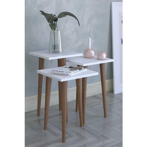 Retro 3 pcs Zigon Coffee Table Side Table Serving Stand and Tea Stand-White made in turkey