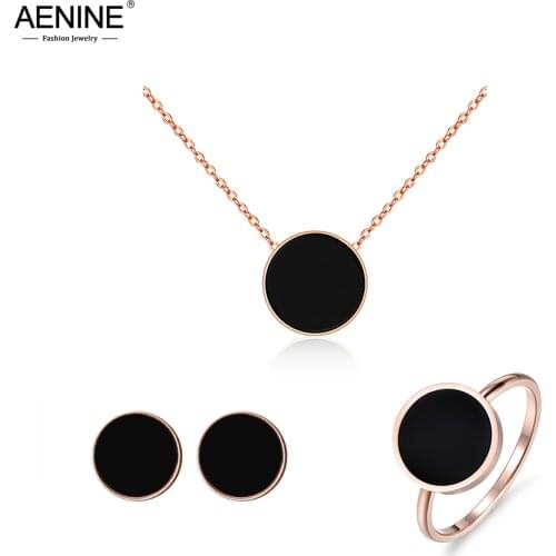 AENINE Black Acrylic Titanium Steel Chokers Necklaces Chain Link Bracelets Stud Earrings Rings Sets Wedding Jewelry ASE001
