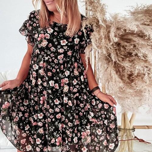 Floral Print Dress Women Bohemian Beach Dress Short Sleeve Ruffle Dresses Mini Dresses for Women Robe