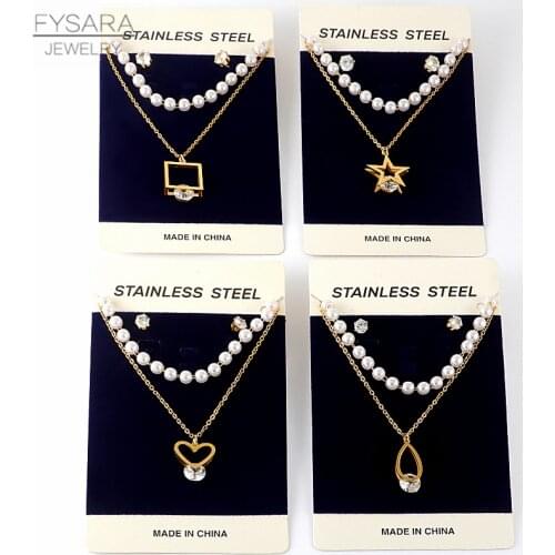 FYSARA Pearl Jewelry Set Women Stainless Steel Square Heart Star Pendant Necklace and Earrings Gold Jewelry Set Fashion Jewelry
