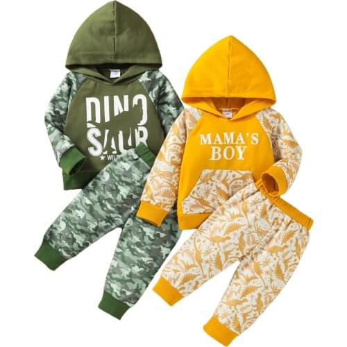 Infant Baby Boy’s T-shirt and Trousers Suit Unique Letter Long Sleeve Hooded Tops and Dinosaur Long Pants