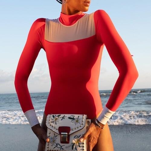 2021 Surfing Swimsuits for Women Rash Guard Long Sleeve Swimsuits One-Piece UV Swimming Costume Bodysuit Red Swimwear Female