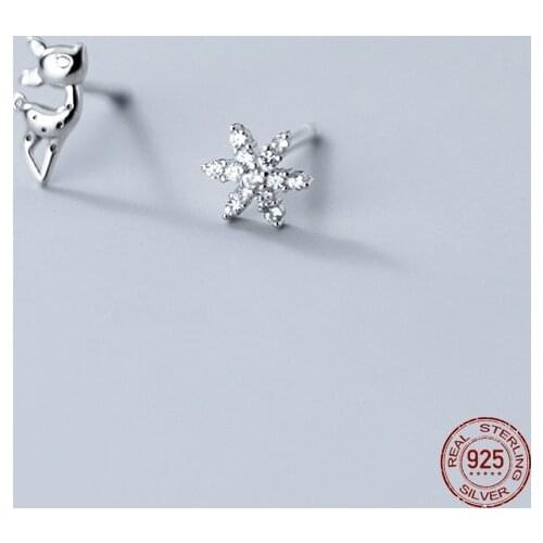 LKO 925 Sterling Silver Snowflake Deer Elk Asymmetrical Stud Earrings For Women Jewelry Christmas Festival Party New Year Gift